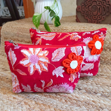 Quilted Makeup Floral Pouch / Utility Set - Red