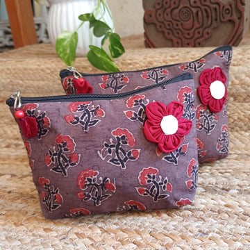 Quilted Makeup Ajrakh Pouch / Utility Set - Brown