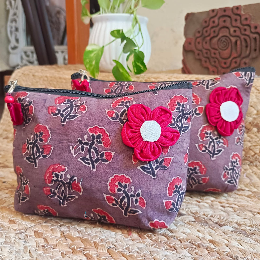 Quilted Makeup Ajrakh Pouch / Utility Set - Brown