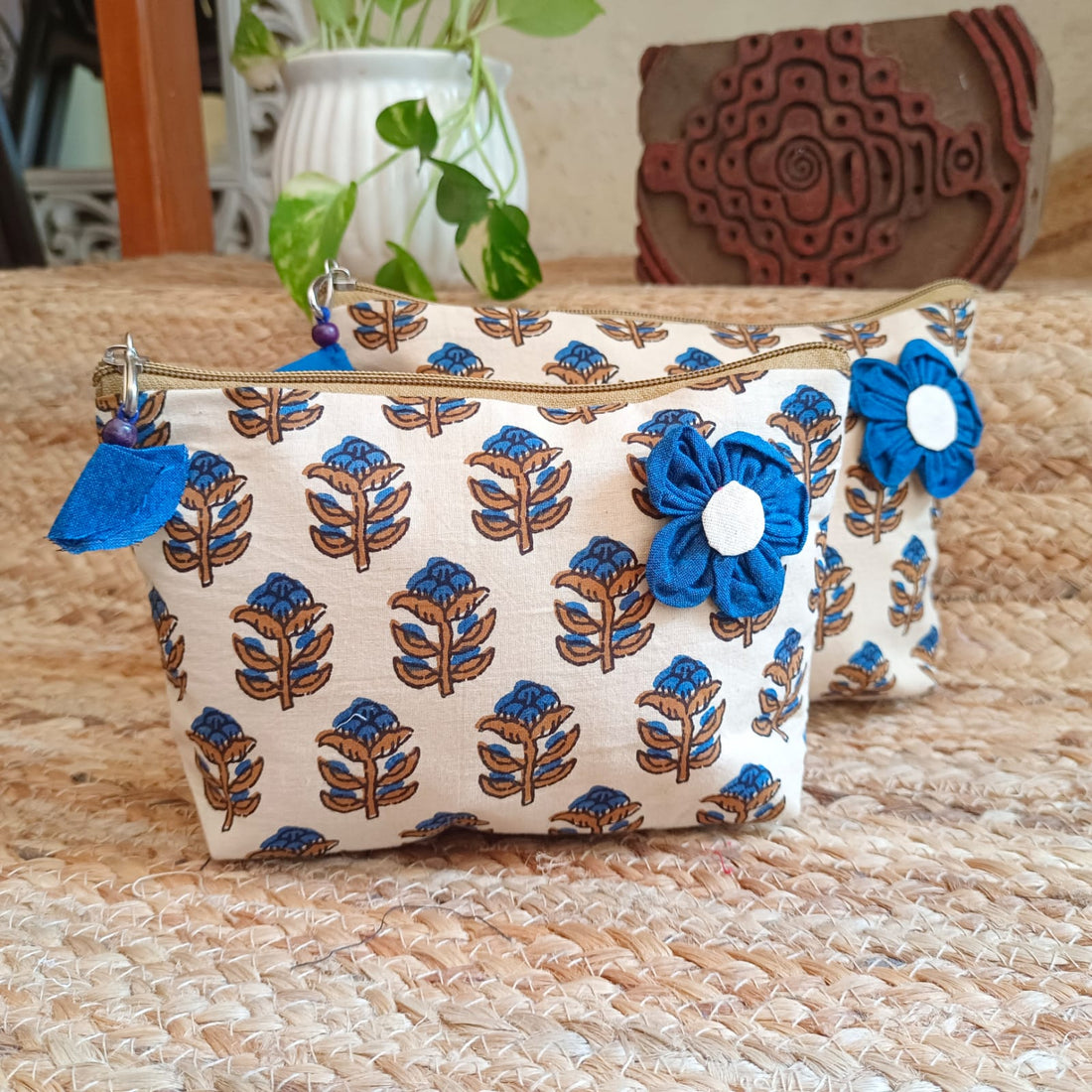 Quilted Makeup Ajrakh Pouch / Utility Set - Beige