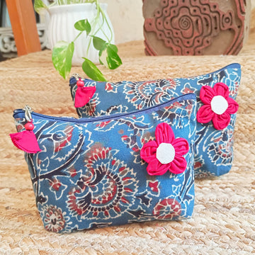 Quilted Makeup Ajrakh Pouch / Utility Set - Indigo