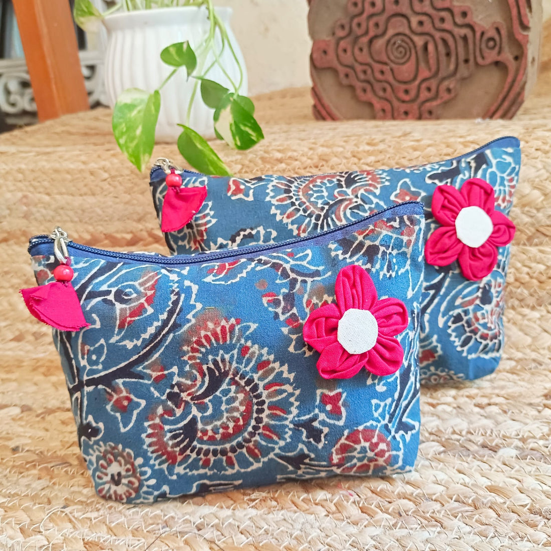 Quilted Makeup Ajrakh Pouch / Utility Set - Indigo