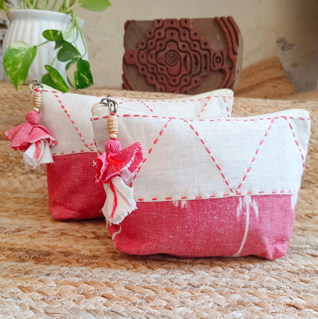 Quilted Makeup Ikkat  Pouch / Utility Set - Pink