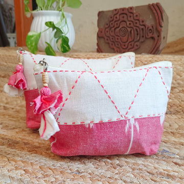 Quilted Makeup Ikkat  Pouch / Utility Set - Pink