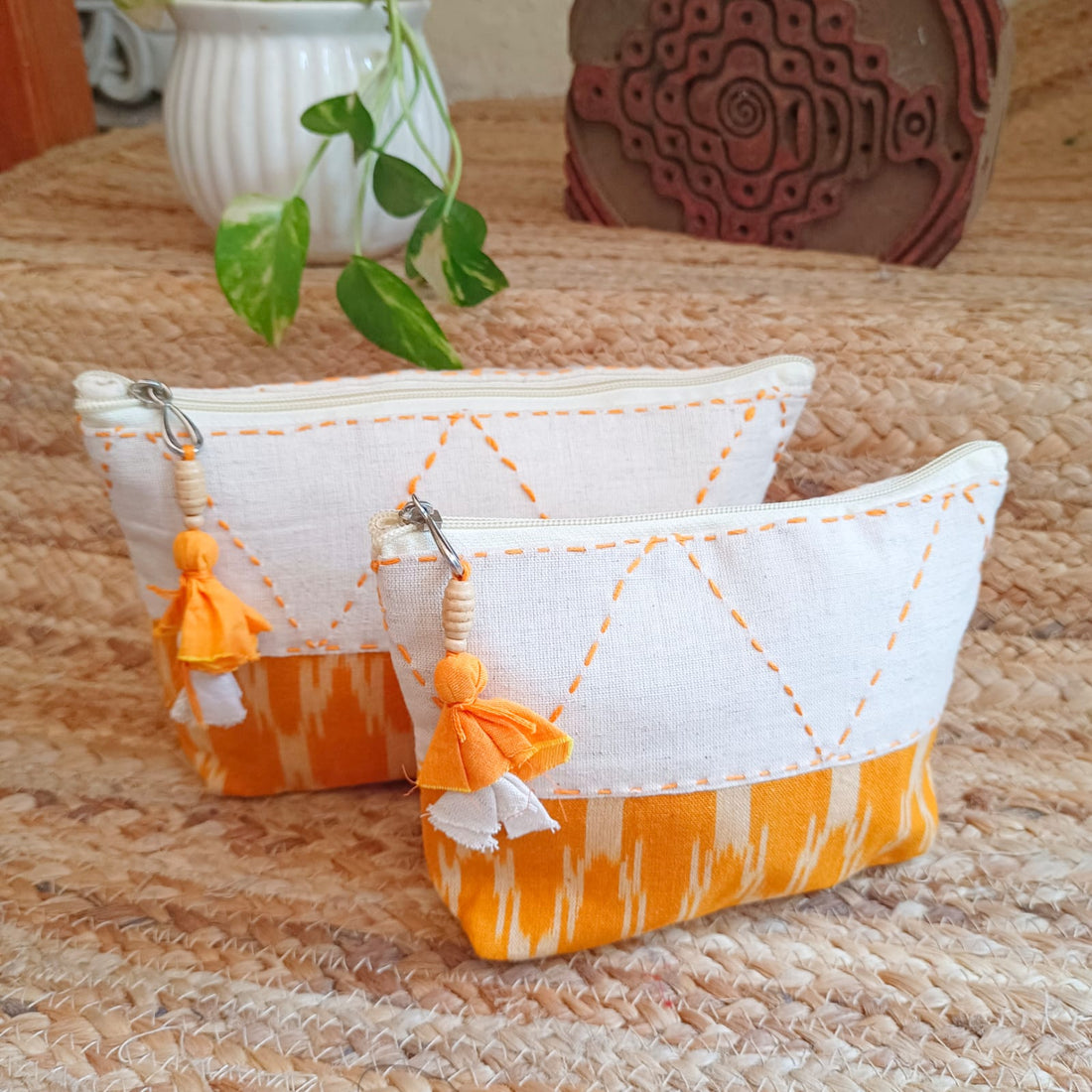 Quilted Makeup Ikkat  Pouch / Utility Set - Yellow
