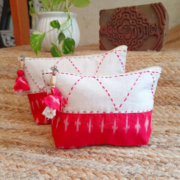 Quilted Makeup Ikkat  Pouch / Utility Set - Red