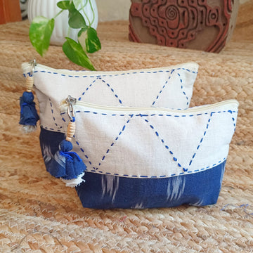 Quilted Makeup Ikkat  Pouch / Utility Set - Blue