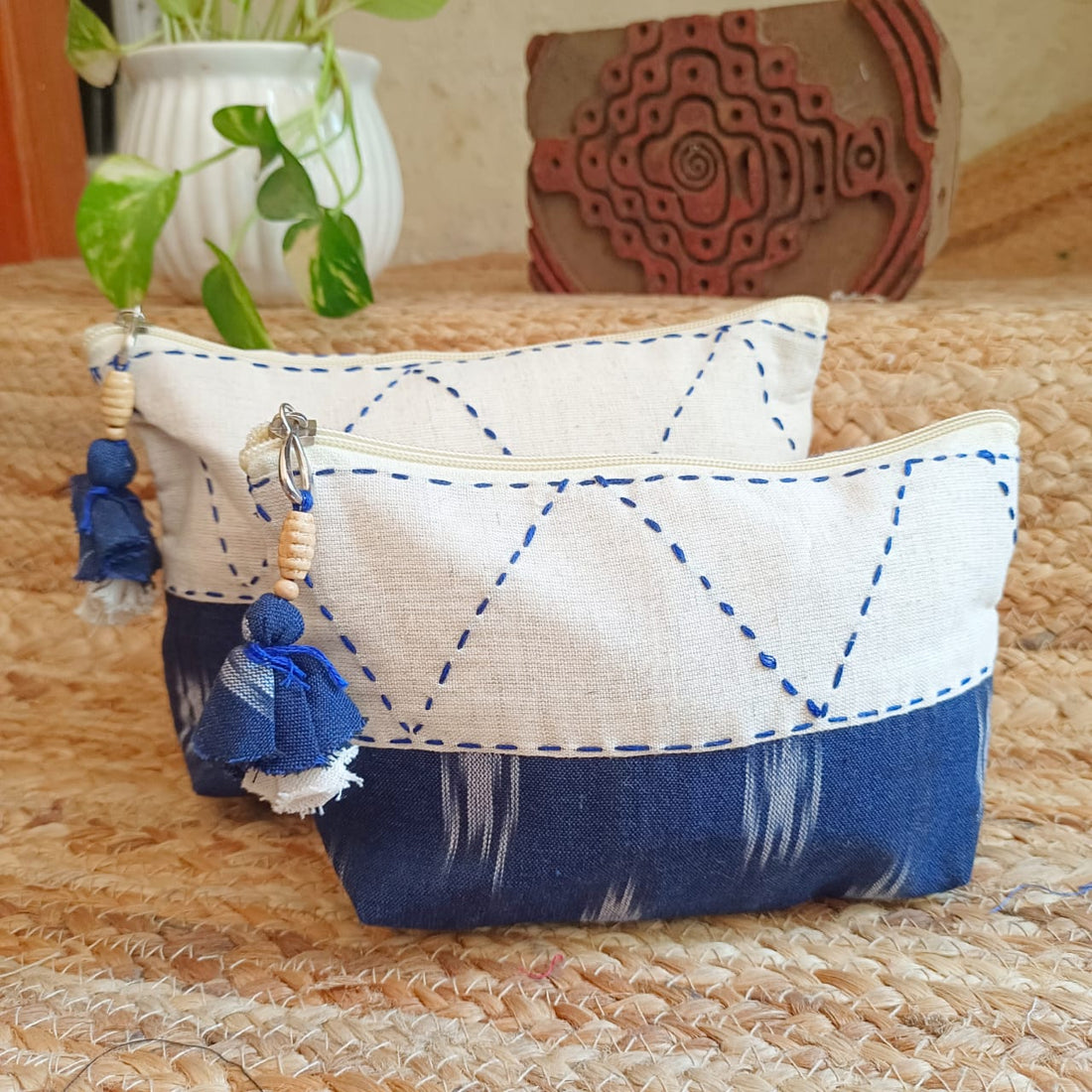 Quilted Makeup Ikkat  Pouch / Utility Set - Blue
