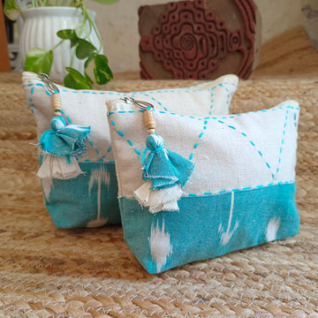 Quilted Makeup Ikkat  Pouch / Utility Set - Sky Blue 1