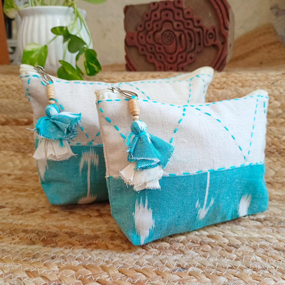 Quilted Makeup Ikkat  Pouch / Utility Set - Sky Blue 1