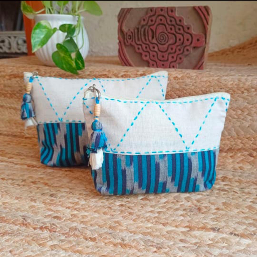 Quilted Makeup Ikkat  Pouch / Utility Set - Sky Blue 2