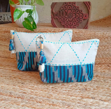 Quilted Makeup Ikkat  Pouch / Utility Set - Sky Blue 2