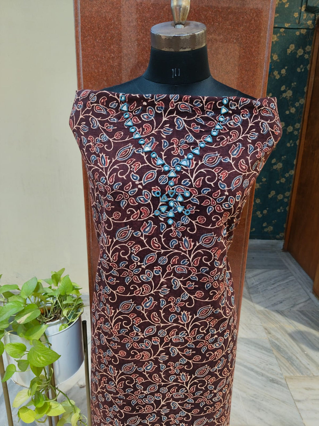 Ajrakh Mirror Work Unstitched Kurti - Maroon