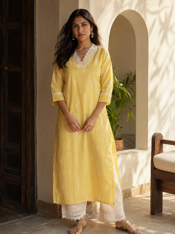 Sutradhara - Jamdani Kurti Yellow Color