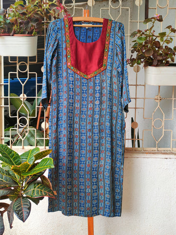 'Bohemian Dream" - Modal Silk Embroidered Patch Work Kurti Indigo 1