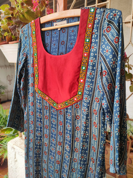 'Bohemian Dream" - Modal Silk Embroidered Patch Work Kurti Indigo 1