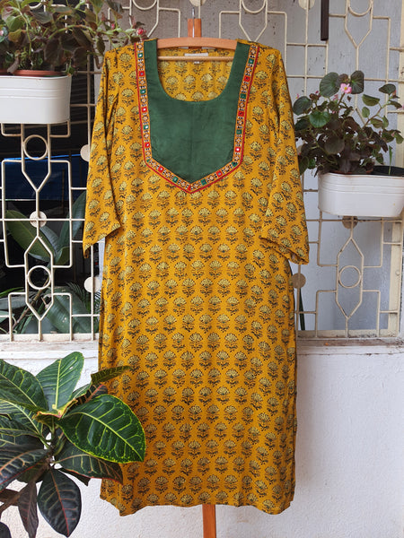 'Bohemian Dream" - Modal Silk Embroidered Patch Work Kurti Yellow