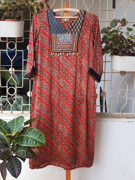 'Bohemian Dream" - Modal Silk Vintage Patch Work Kurti Rust 2