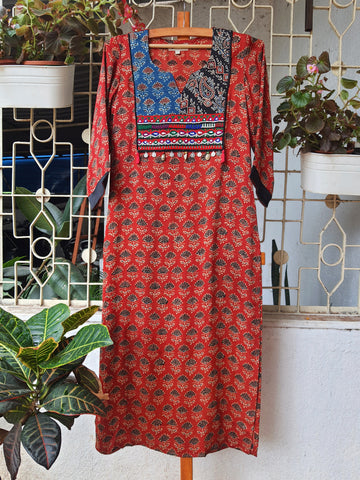 'Bohemian Dream" - Modal Silk Vintage Patch Work Kurti Rust 1