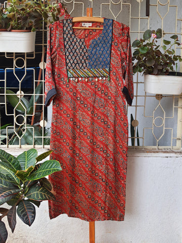 'Bohemian Dream" - Modal Silk Vintage Patch Work Kurti Rust 2