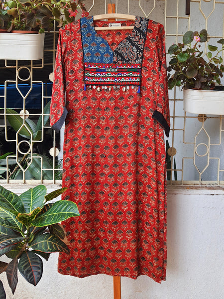 'Bohemian Dream" - Modal Silk Vintage Patch Work Kurti Rust 1