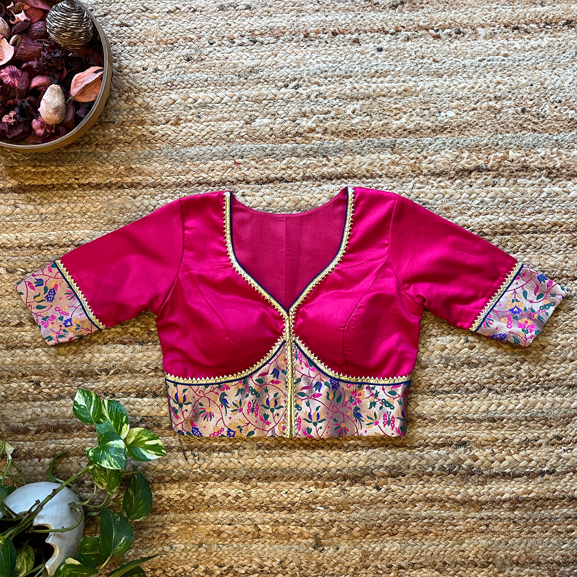 "Rasham Kali" Brocade Patch Work Blouse Pink