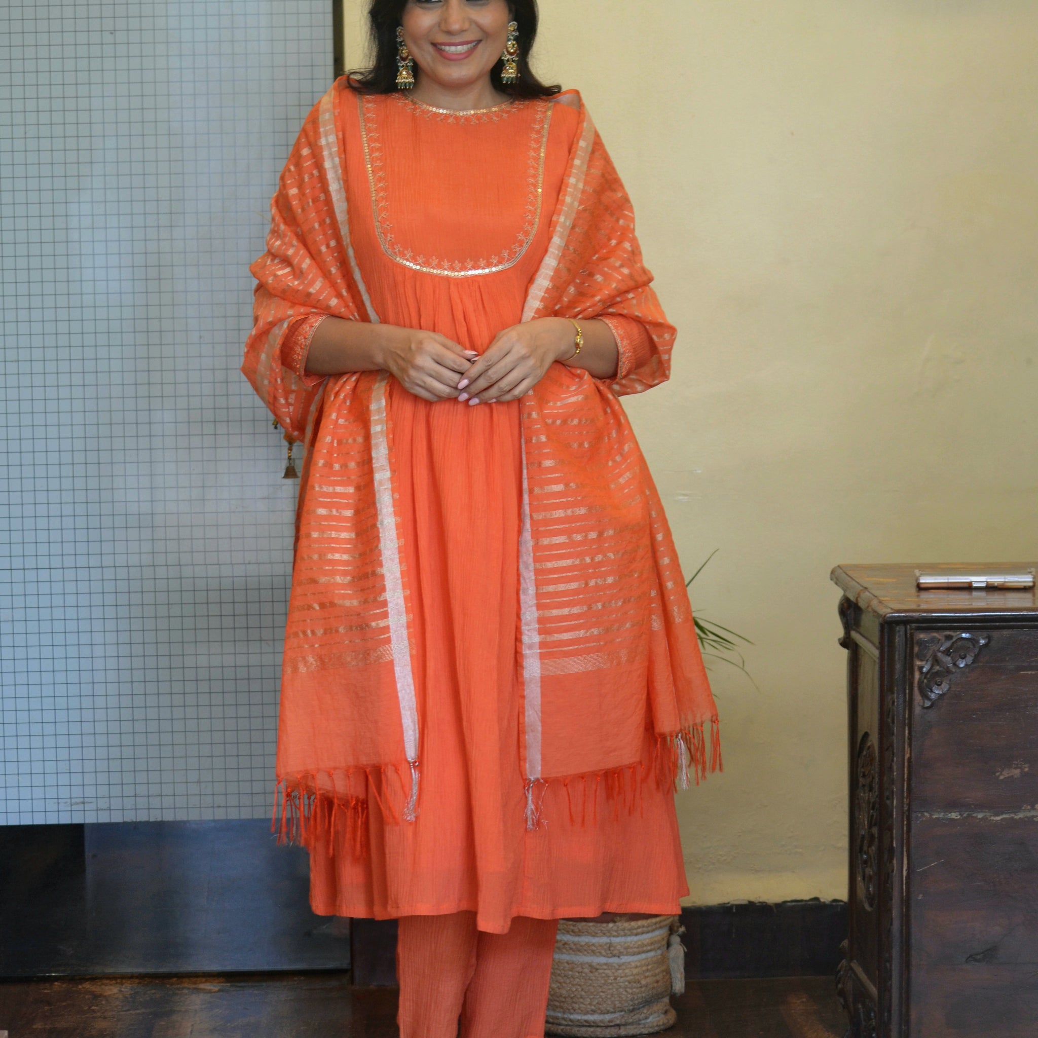 Utsav - Crushed Cotton Silk Set Orange