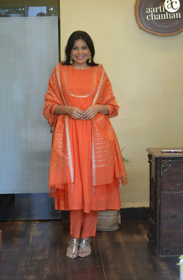 Utsav - Crushed Cotton Silk Set Orange