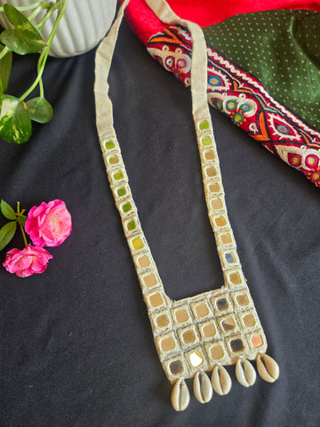 Banjara Tribe Mirror Work Long  Necklace White