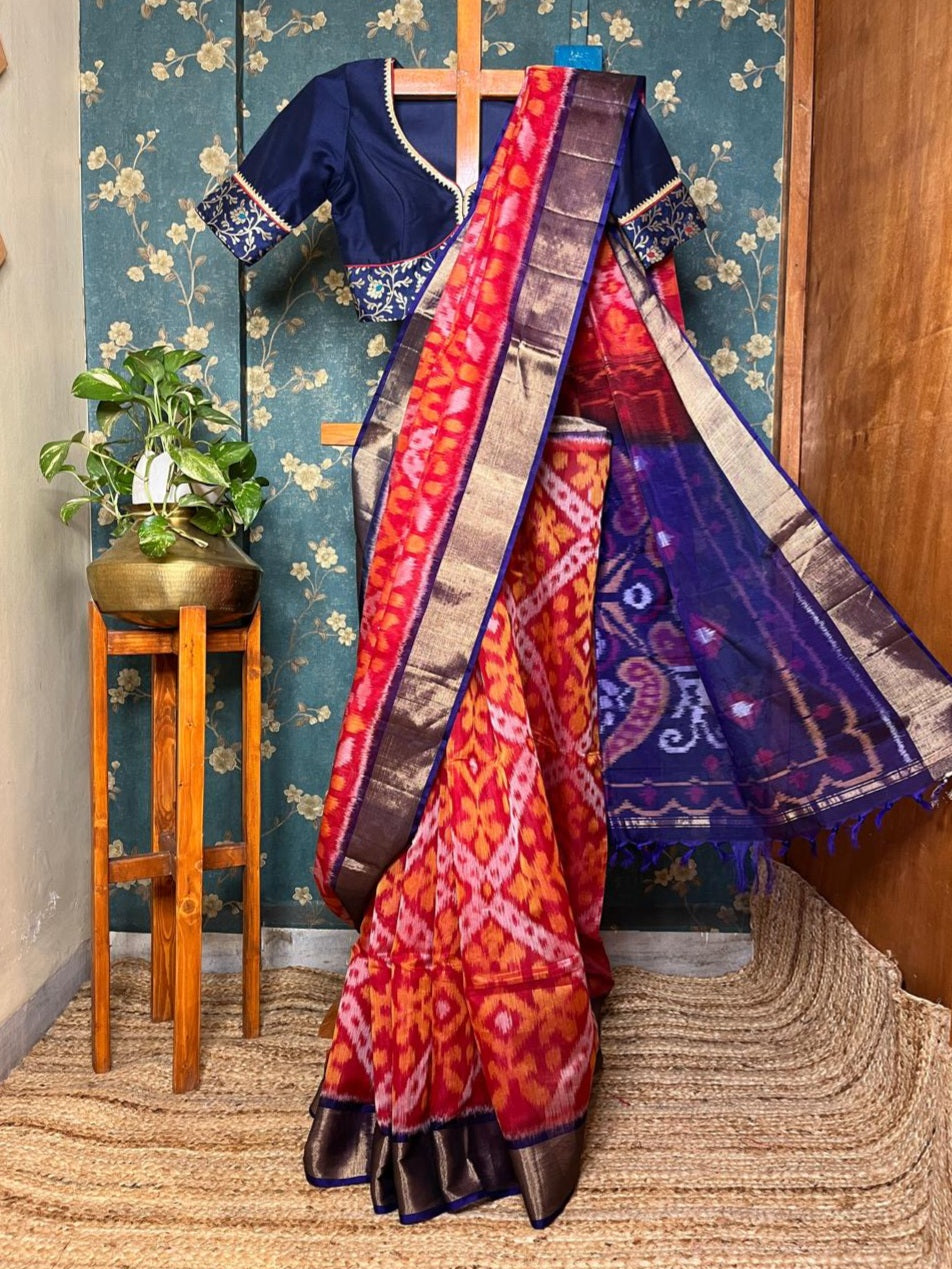 "Navrang Patola"- Handloom Cotton Silk Saree Red Blue