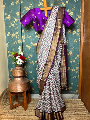 "Navrang Patola"- Handloom Cotton Silk Saree White Magenta