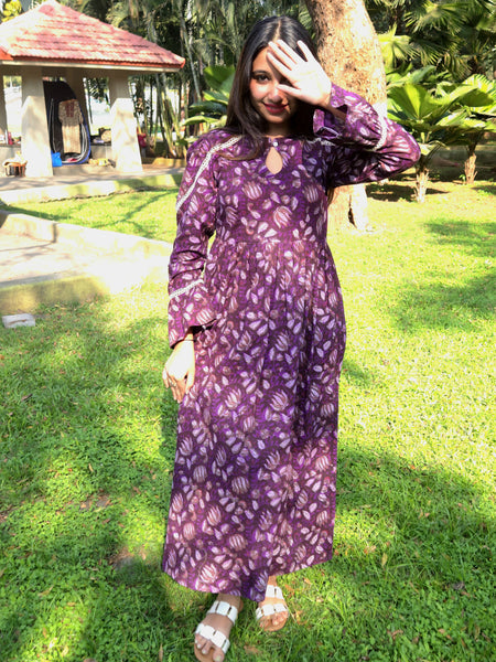 Block Printed Flared Dress-Purple