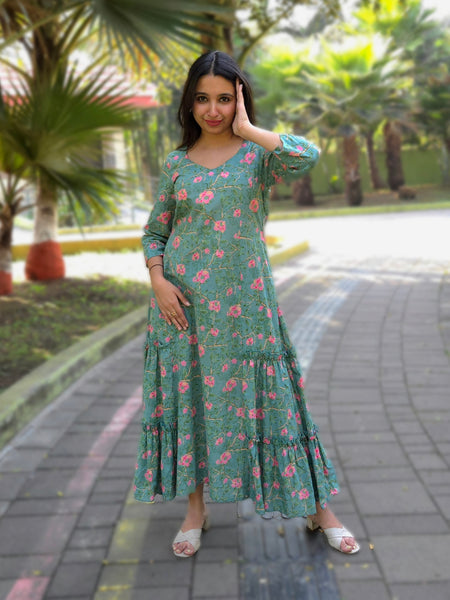 Block Printed Flared Dress-Green