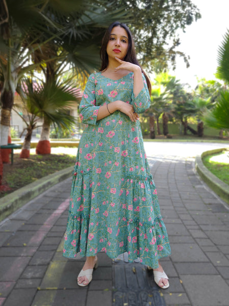 Block Printed Flared Dress-Green