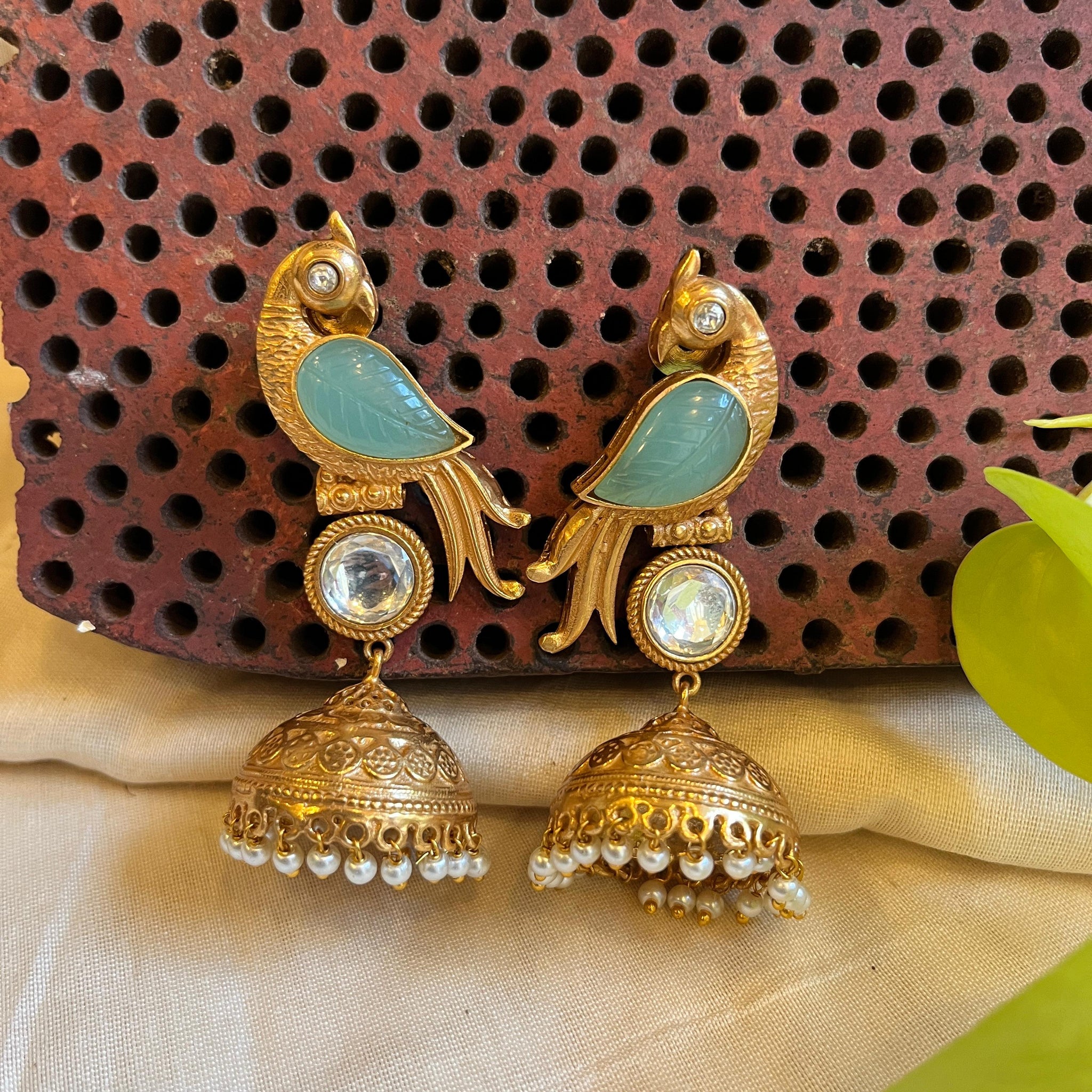 Bird Motif Golden Jhumka - Mint Green