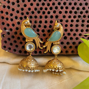 Bird Motif Golden Jhumka - Mint Green