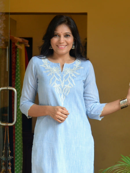 'Dastkari' Cotton Embroidered Kurti Sky Blue