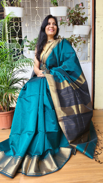 "Gauri" Maheshwari Silk Handloom Saree- Peacock Blue