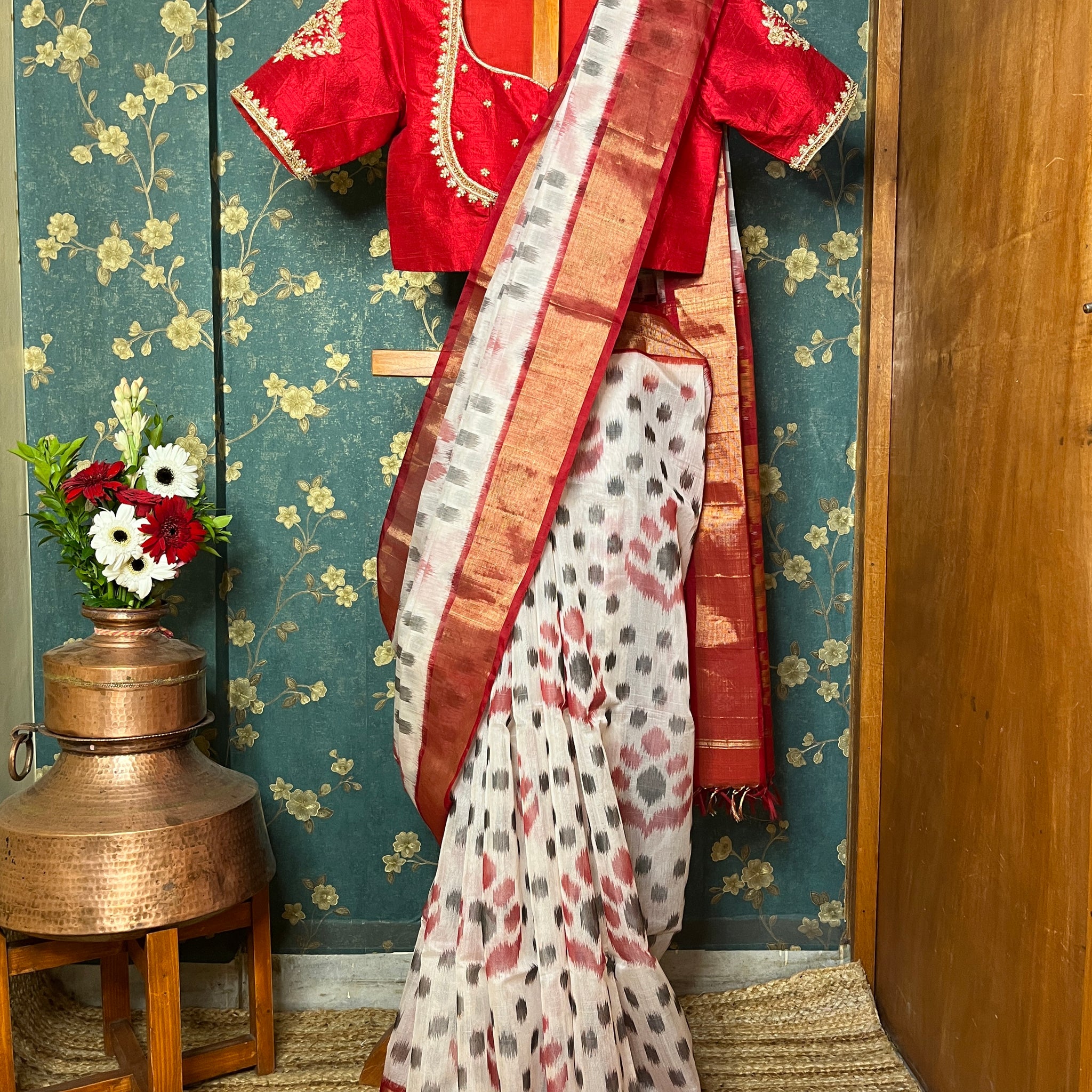 "Navrang Patola"- Handloom Cotton Silk Saree White Red