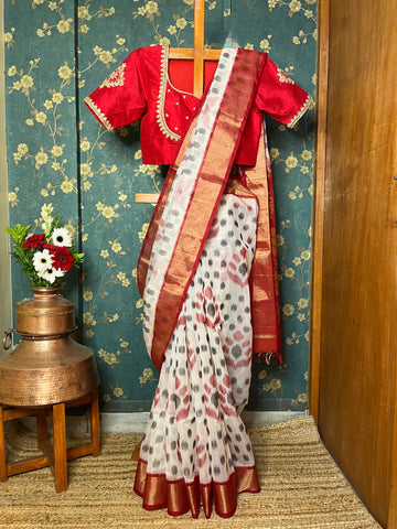 "Navrang Patola"- Handloom Cotton Silk Saree White Red