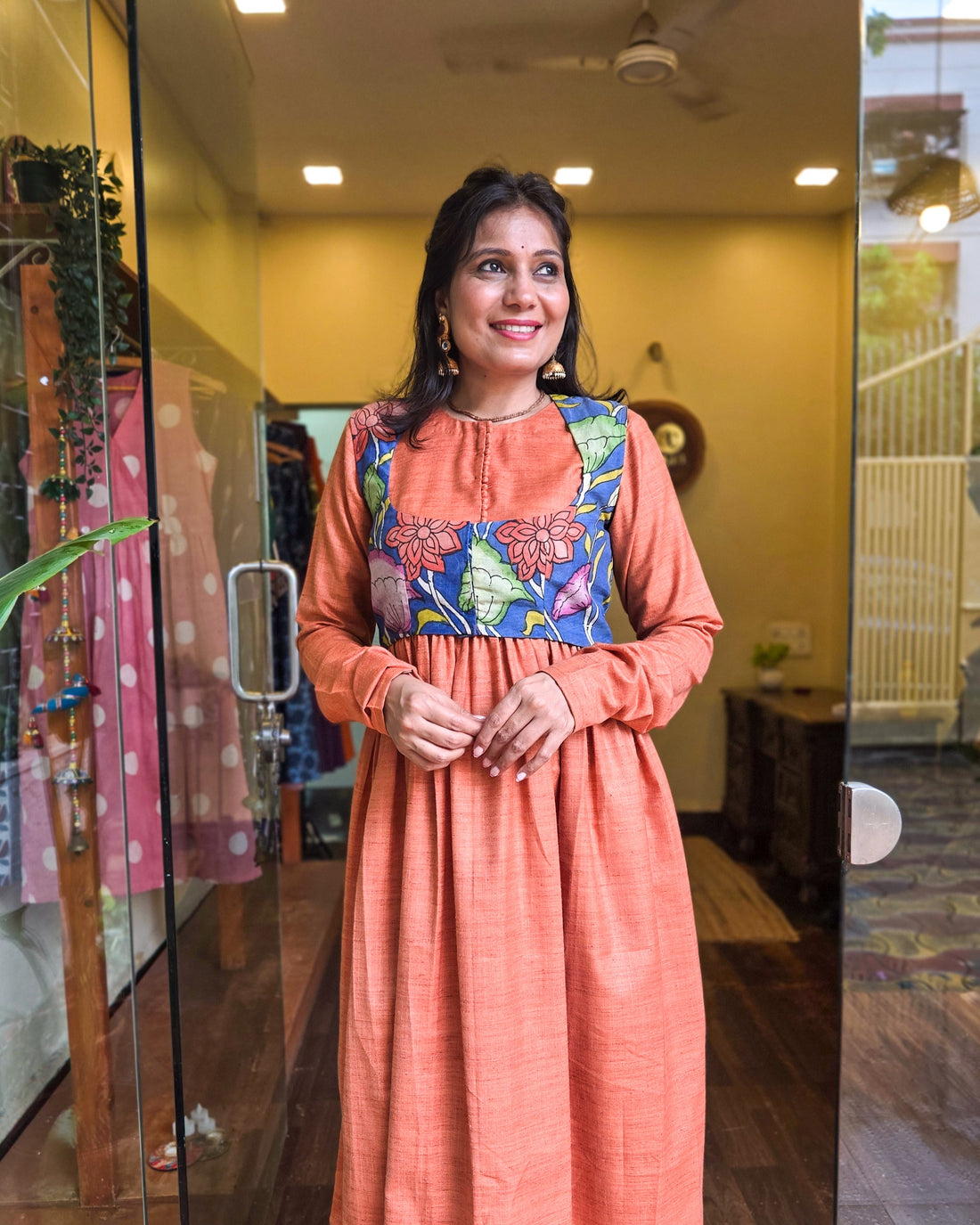 Chitralekha-Handpainted Kalamkari Koti & Dress Set Rust