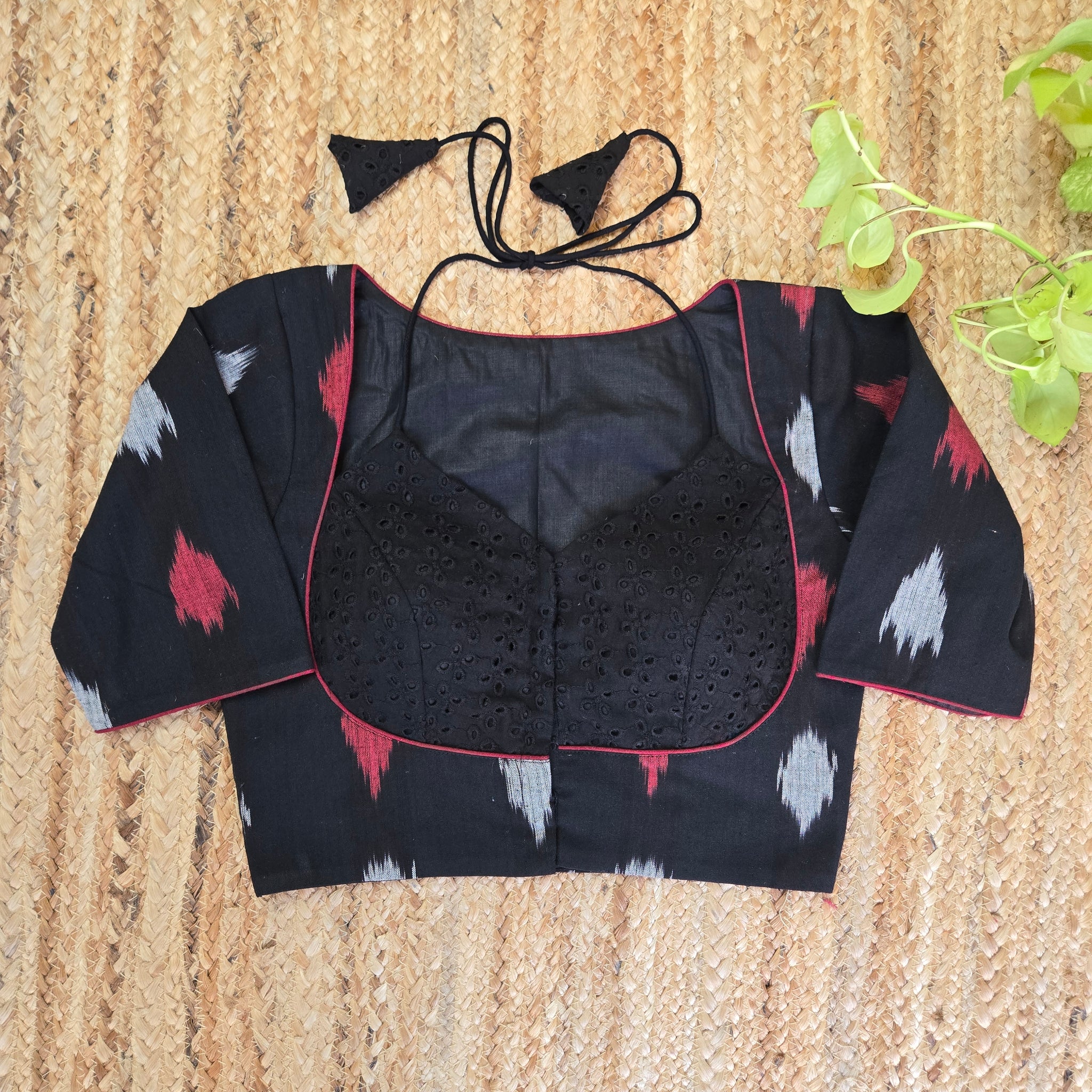 Woven Ikkat Schiffli Fusion Blouse With Neck Tie