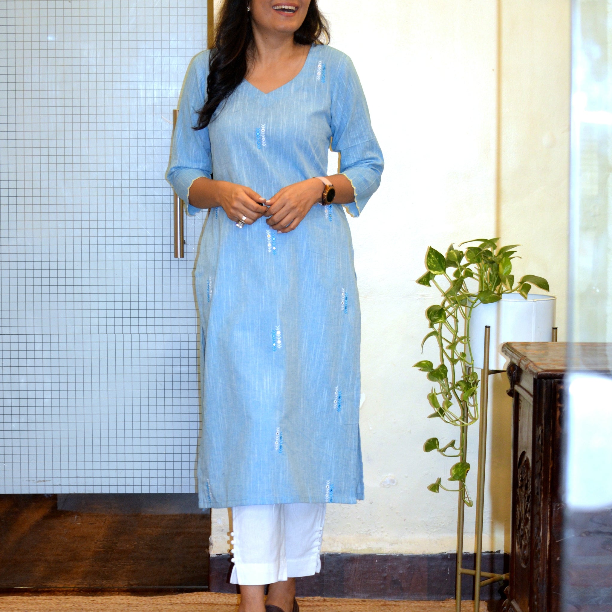 Dastakari-Cotton Hand Embroidered Kurti Blue
