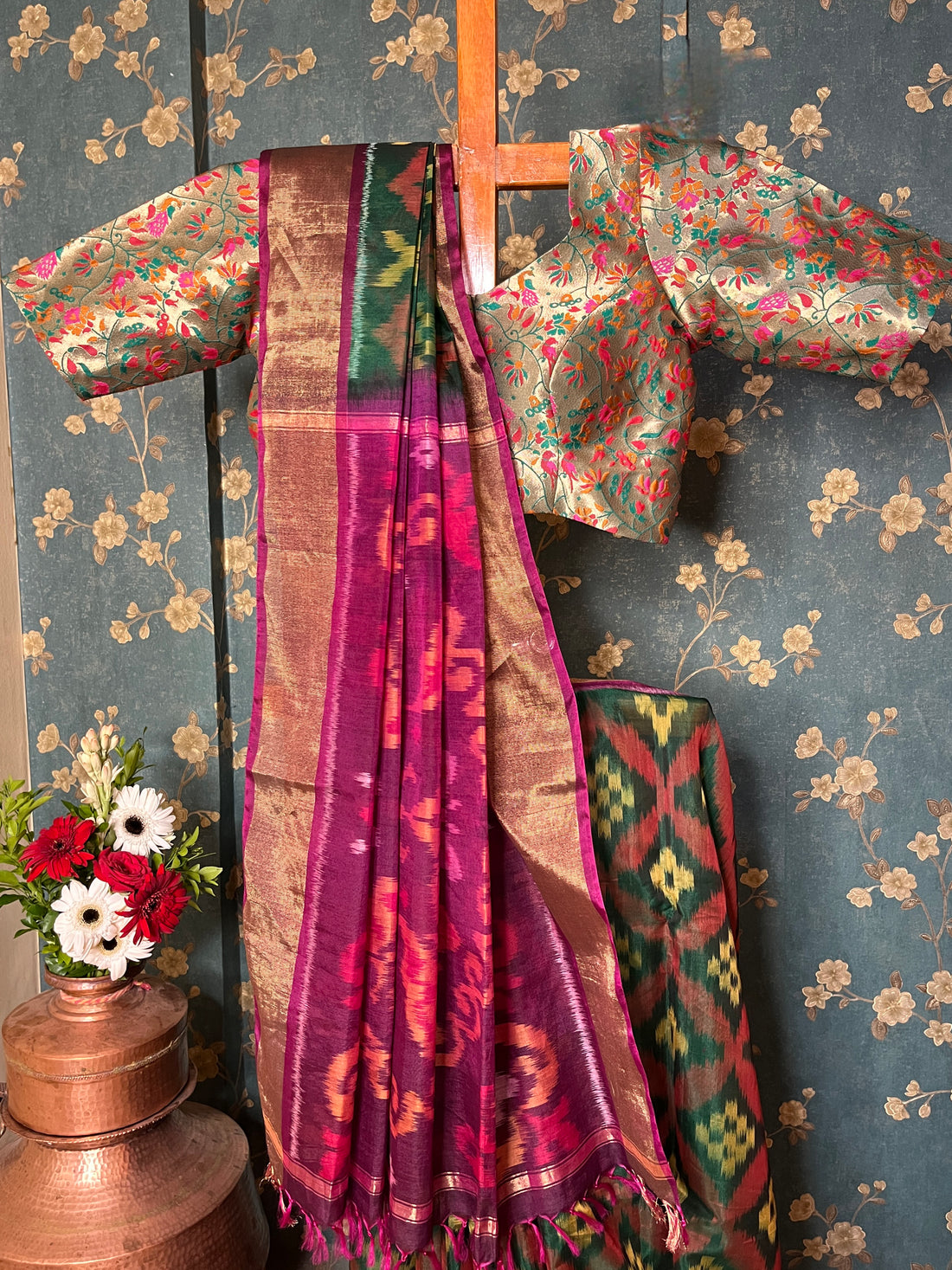 "Navrang Patola"- Handloom Cotton Silk Saree Magenta Green