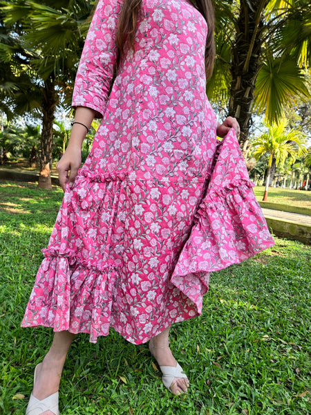 Block Printed Flared Dress-Pink