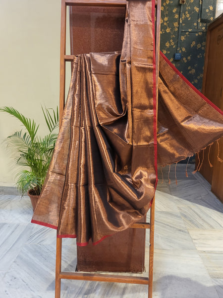 Mul Tissue Saree-Bronze red