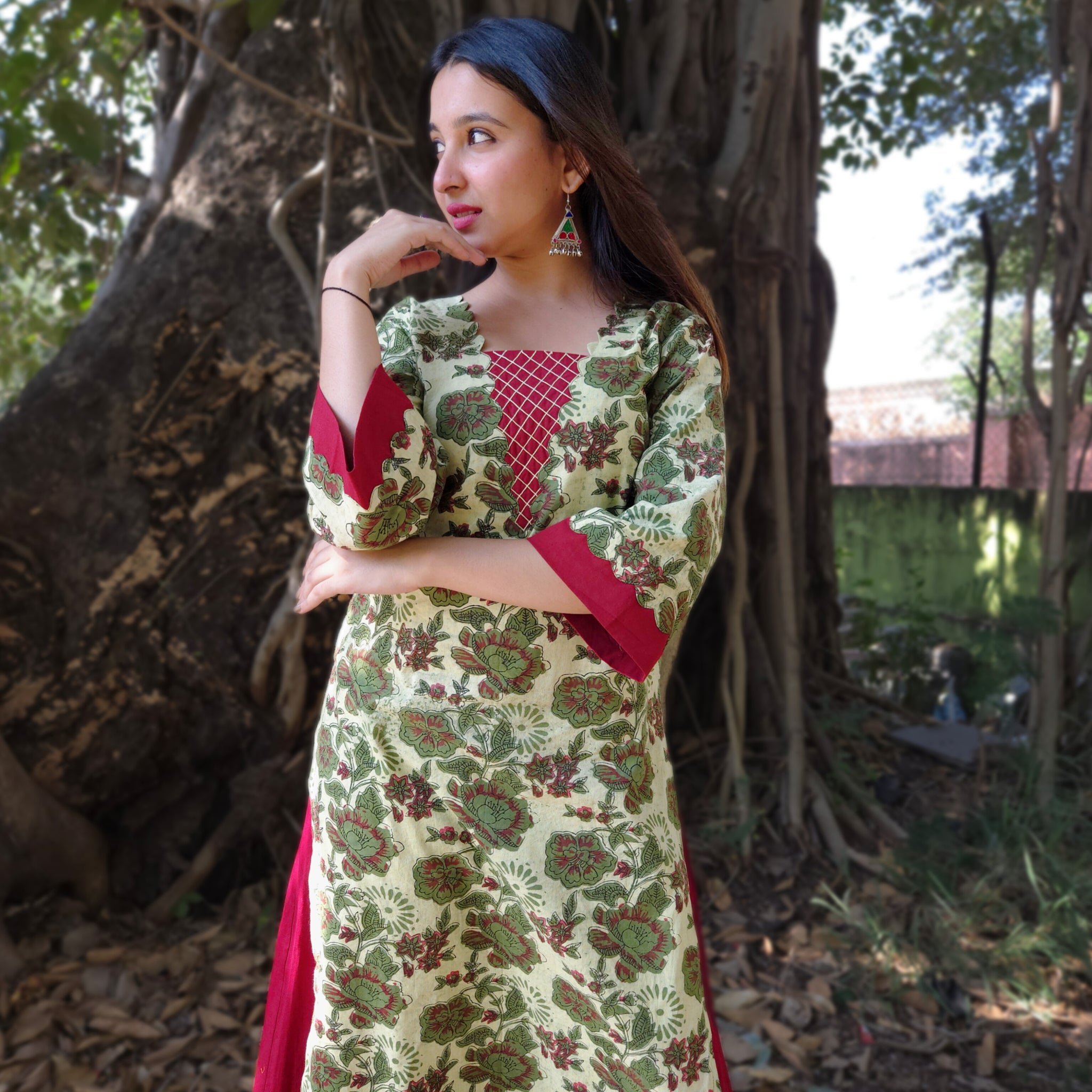 Bagru Scalloped Kurti-Green