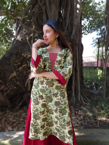 Bagru Scalloped Kurti-Green