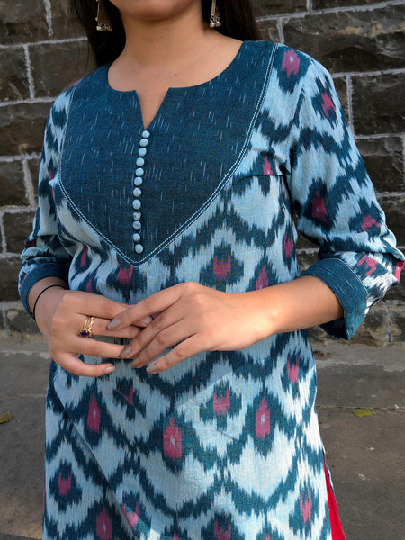 Double Ikkat Kurti-Teal Blue