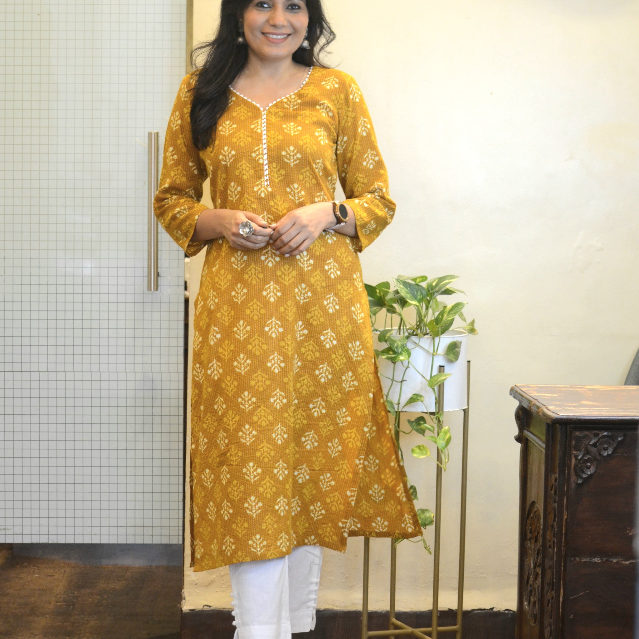 Cotton Printed Kantha Cotton Kurti - Brown
